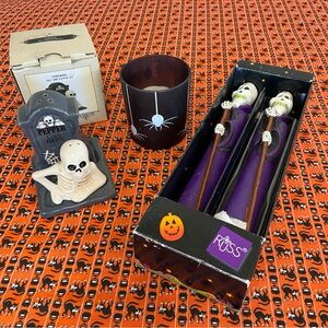 Russ Vintage Grim Reaper 10” Candles + Skeleton & Tombstone Salt Pepper Shakers